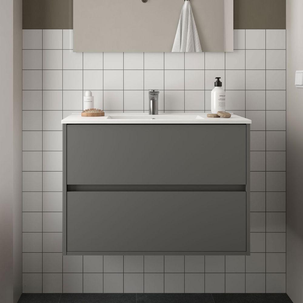 Mobile bagno sospeso Claros80 grigio opaco con lavabo 2 cassetti 80x45x56h