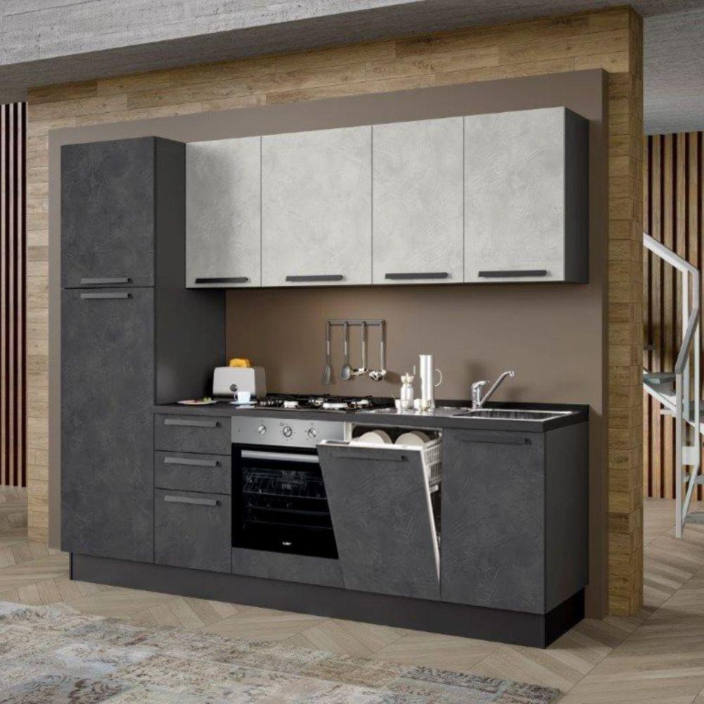 Cucina Licola 255x216 H reversibile colore iron e pensili spatolato con lavastoviglie