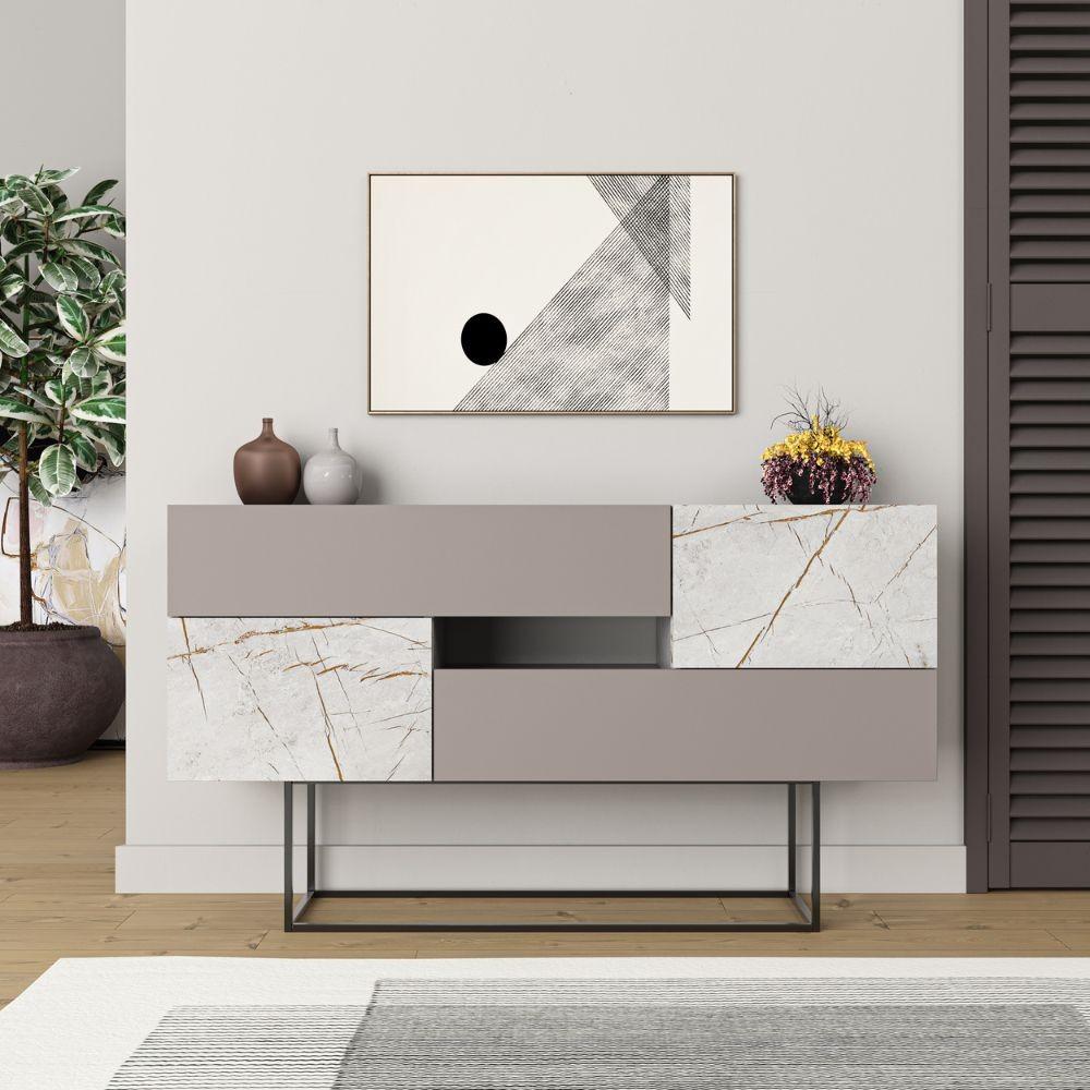 Madia Eros con due cassetti in light mocha e due ante lagina effetto marmo grigio opaco
