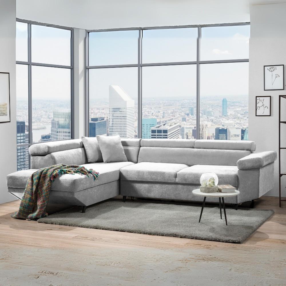 Divano letto Denver con penisola contenitore sinistra in Ronda 80 grigio chiaro