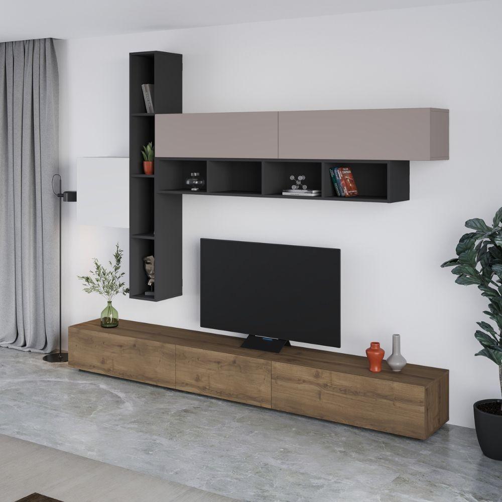 Parete attrezzata Fashion base colore hitit noce e pensili antracite, bianco e light mocha  H 205x40x275 cm.