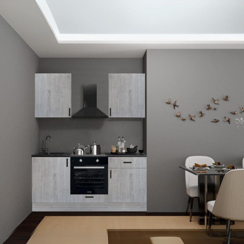 Cucina Asti 180 cm. reversibile elettrodomestici inclusi colore rovere grigio chiaro e maniglie in metallo nero