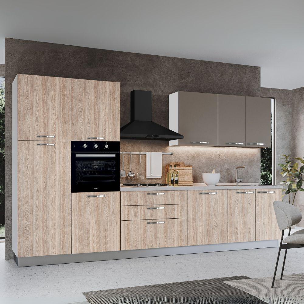 Cucina reversibile Iris 360 cm con cassa bianca base e colonne rovere gessato naturale e pensili tortora