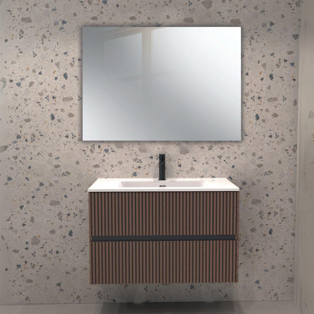 Mobile da bagno sospeso Belfast con due cassetti colore noce effetto cannettato