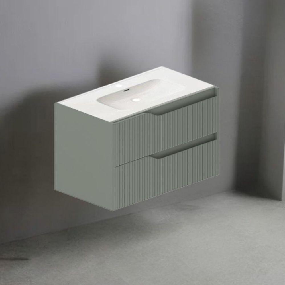 Mobile bagno sospeso Soho con due cassetti effetto cannettato colore verde opaco 80x45x50 cm.