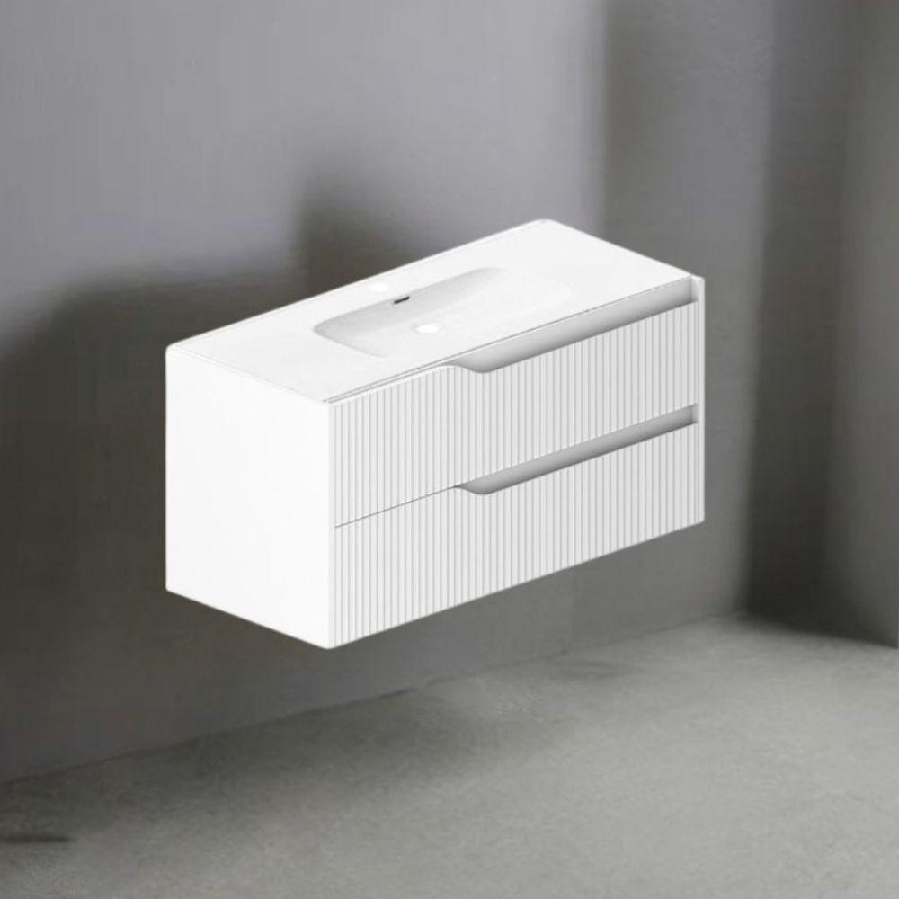 Mobile bagno sospeso Soho con due cassetti effetto cannettato colore bianco opaco 100x45x50 cm.