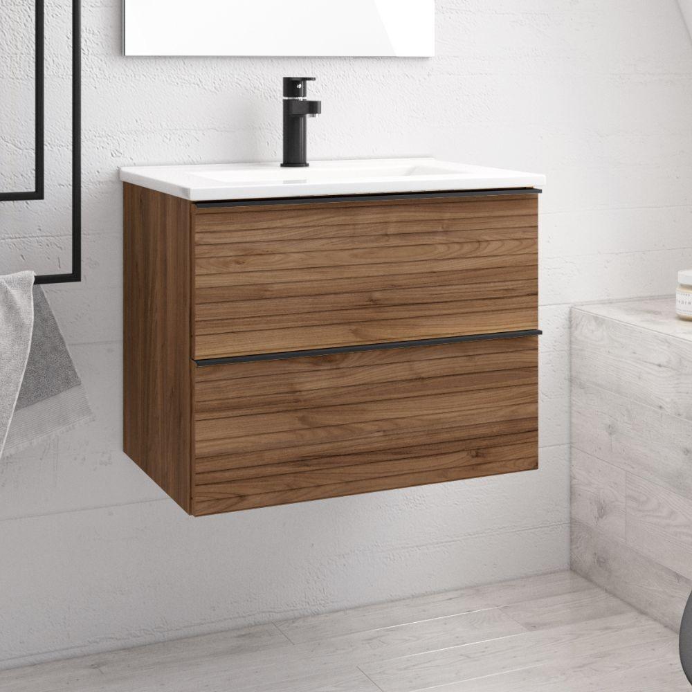 Mobile bagno sospeso Senda con 2 cassettoni colore noce effetto cannettato e maniglie nere 80x45.5x48 cm.