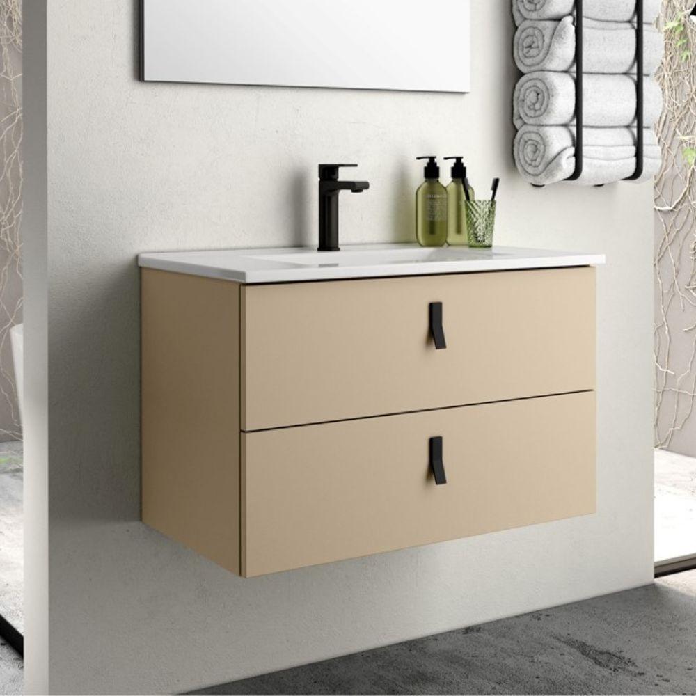 Mobile bagno sospeso Invicta con due cassetti colore cappuccino e maniglie nere 60x48x45 cm.