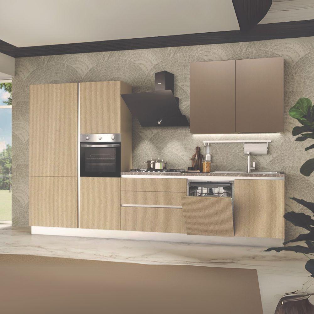 Cucina completa Lily Sinistra con struttura in grigio perla pensili in ossido e basi e colonne sabbia