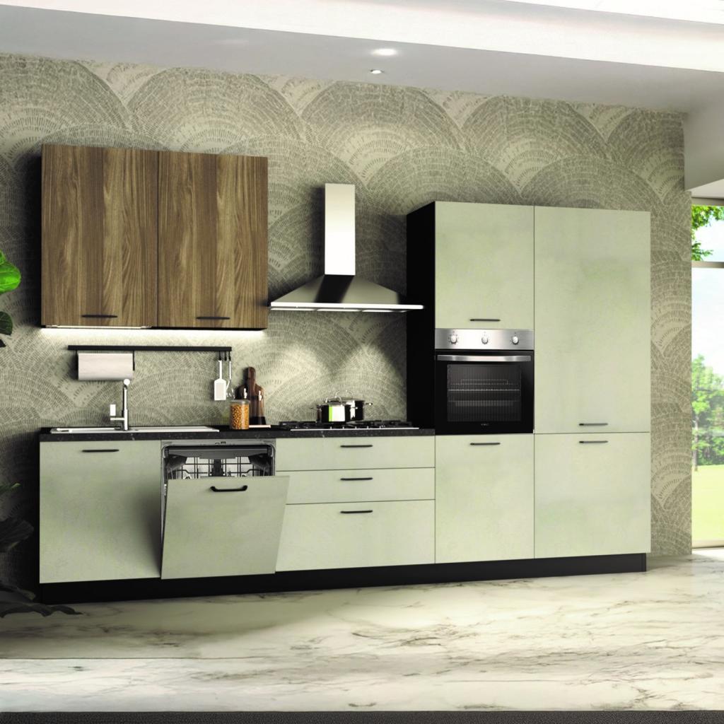 Cucina completa Micol destra con struttura in antracite basi e colonne in cemento bianco e pensili in olmo tabacco