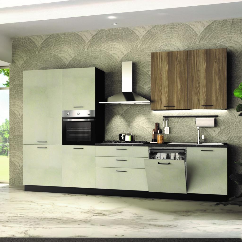 Cucina completa Micol sinistra con struttura in antracite basi e colonne in cemento bianco e pensili in olmo tabacco