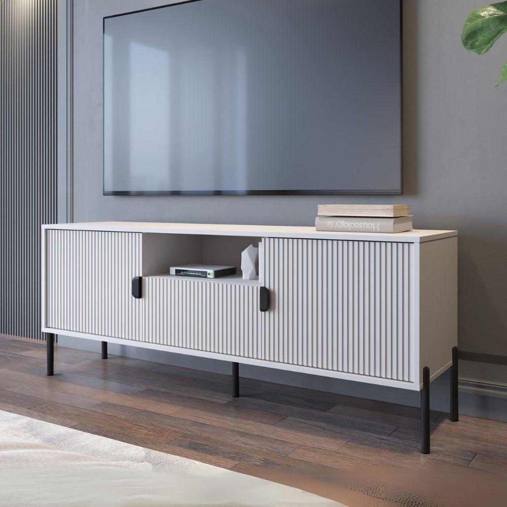 Porta tv Lotus 2 ante effetto cannettato colore cashmere con piedi e maniglie nere