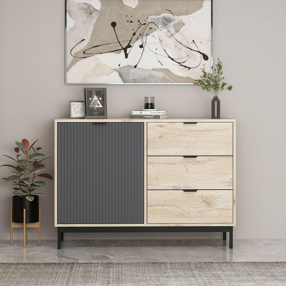 Madia Esta 120 cm. con anta antracite effetto cannettato e 3 cassetti rovere sonoma