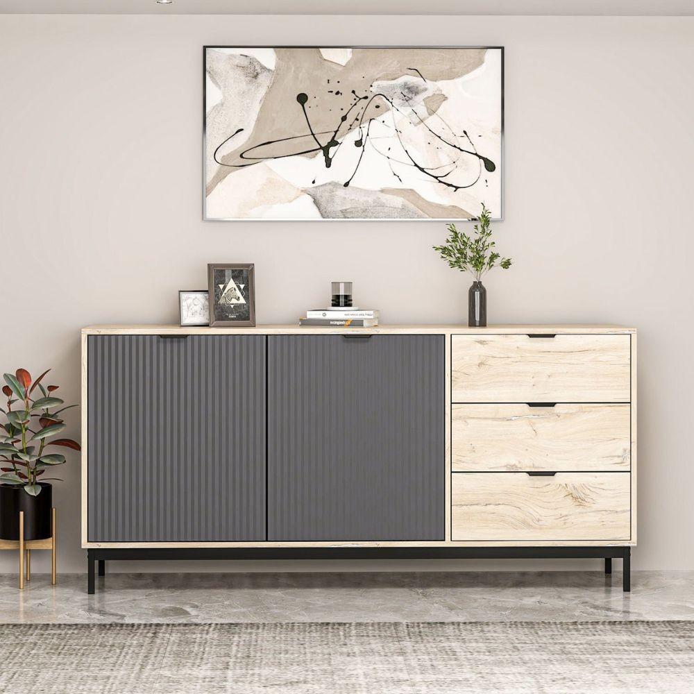 Madia Esta 180 con 2 ante colore antracite effetto cannettato e 3 cassetti rovere sonoma