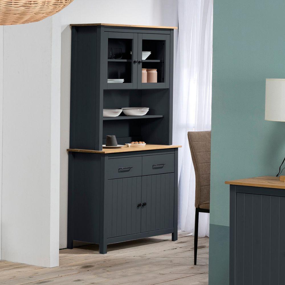Credenza Miranda con vetrina 4 ante e due cassetti in legno massiccio blu e rovere