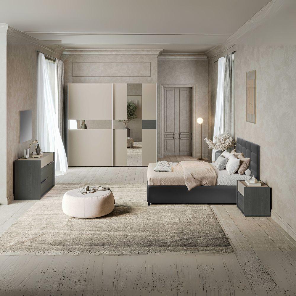 Camera da letto Tania in grigio e talco con armadio 2 ante scorrevoli con specchi e letto contenitore Napoli grigio