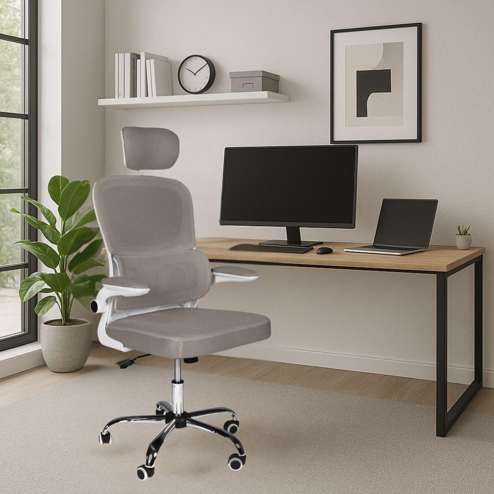 Sedia da ufficio ergonomica Vibes con struttura bianca e seduta in tessuto a rete tortora con base cromata