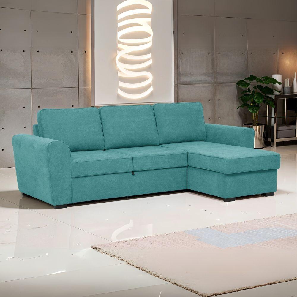 Divano letto corner reversibile Aston con contenitore in tessuto C1702 turchese