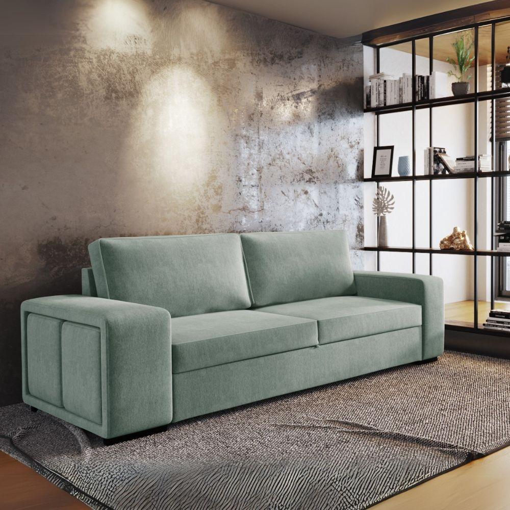 Divano letto Karponga 3 posti con 2 pouff in tessuto G0830 verde