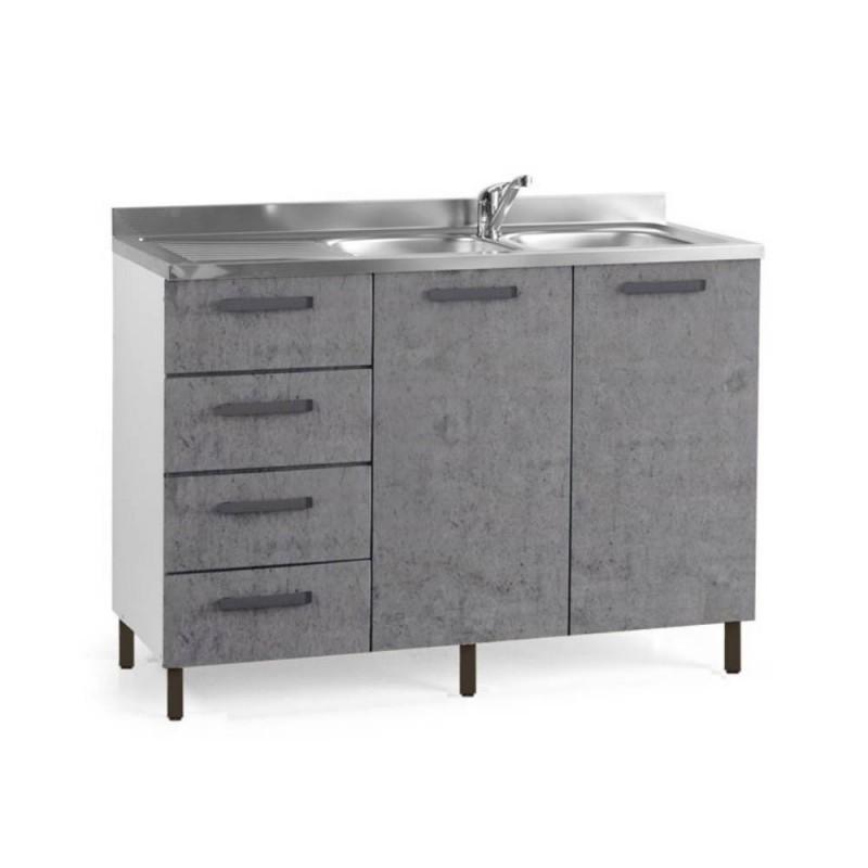 Sottolavello con cassettiera 120x50x85H cemento con lavello 2 vasche e gocciolatoio sinistro lavello incluso