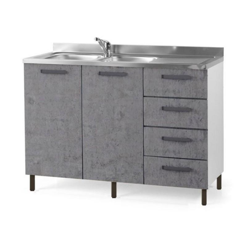 Sottolavello con cassettiera 120x50x85H cemento con lavello 2 vasche e gocciolatoio destro lavello incluso