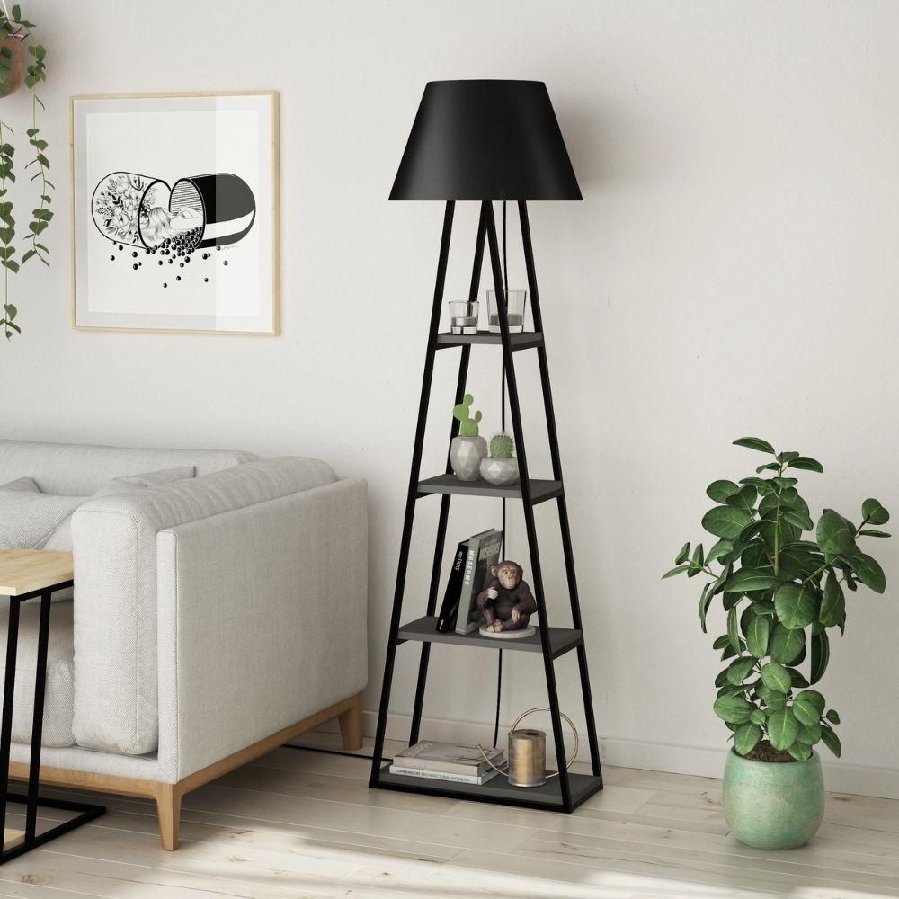 Lampada da terra Pal struttura e paralume nero con mensole antracite 50x165